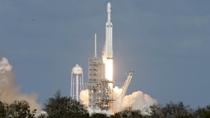 The Falcon Heavy lifts off from Kennedy Space Center.