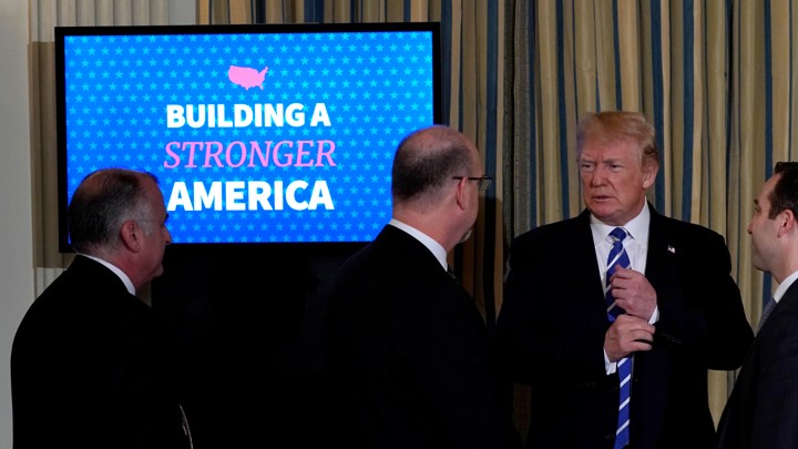President Donald Trump speaks to attendees during an infrastructure initiative meeting.