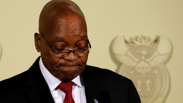 Jacob Zuma looks down as he gives a speech in South Africa.