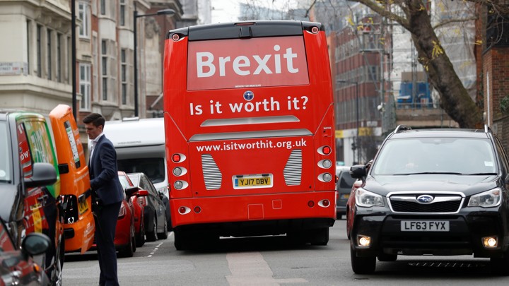 The anti-Brexit campaign group 'Is it worth it?' bus begins its eight-day tour of the U.K. outside parliament in London on February 21, 2018.