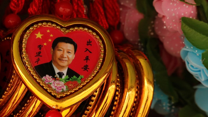 A Souvenir necklace with a portrait of Chinese President Xi Jinping