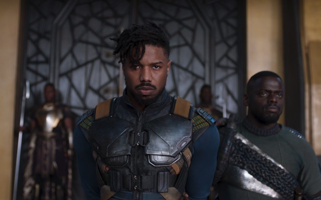 Erik Killmonger (Michael B. Jordan) and W'Kabi (Daniel Kaluuya) in 'Black Panther'
