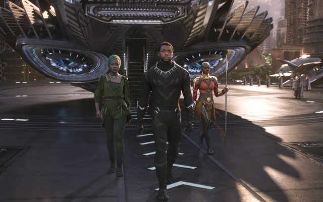 Nakia (Lupita Nyong'o), T'Challa/Black Panther (Chadwick Boseman), and Okoye (Danai Gurira)