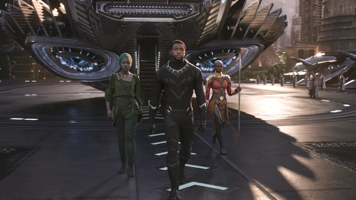 Nakia (Lupita Nyong'o), T'Challa/Black Panther (Chadwick Boseman), and Okoye (Danai Gurira)