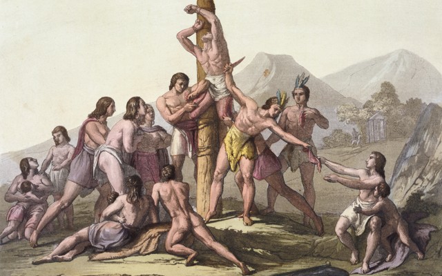 A painting of a group of people watching as a man is butchered while tied to a wooden pole