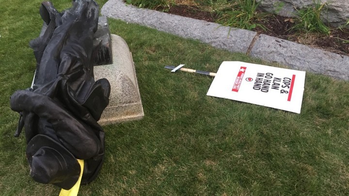 A Confederate statue in Durham, North Carolina, after being removed by protestors on August 14, 2017.