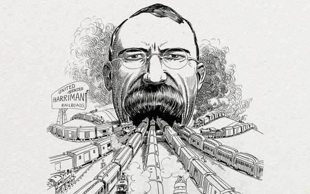 An archival caricature of a railroad baron swallowing America’s train lines