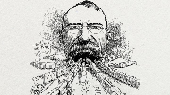 An archival caricature of a railroad baron swallowing America’s train lines
