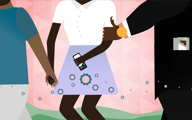 An illustration of a woman holding hands with a man in a T-shirt, while a man in a suit grabs her arm