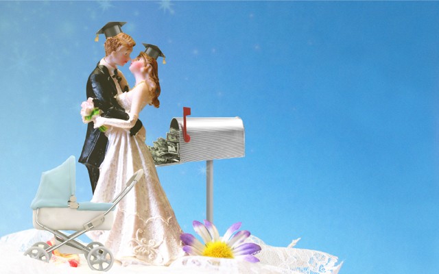 An illustration of husband and wife figurines on a cake, with a stroller, graduation caps, and a mailbox full of money