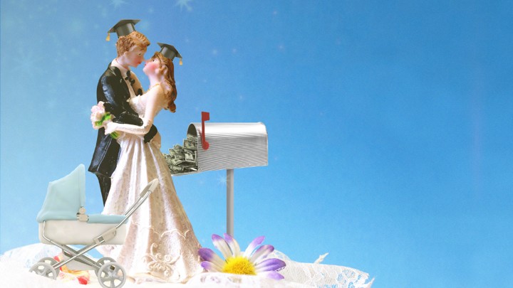 An illustration of husband and wife figurines on a cake, with a stroller, graduation caps, and a mailbox full of money