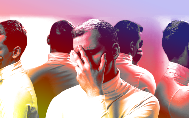 Men, standing in a circle, covering their own faces with one hand