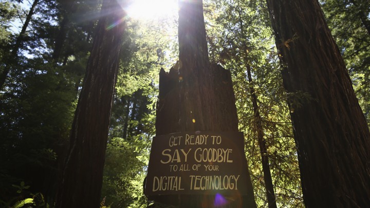 A group of trees with a sign that reads, "Get ready to say goodbye to all of your digital technology"