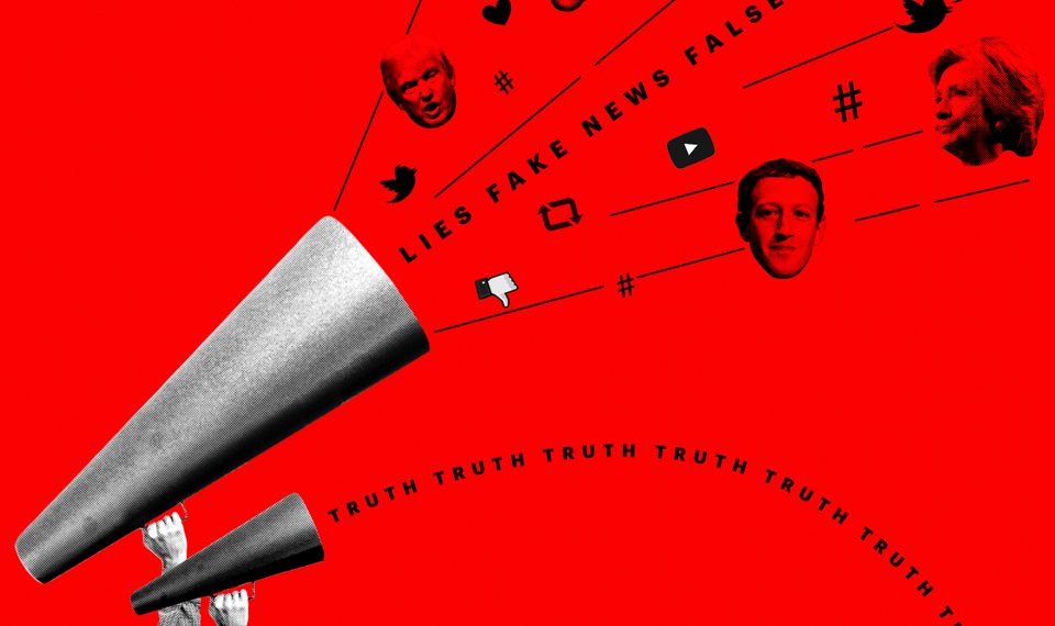 A large megaphone projects lies, fake news, falsehoods, and images of Donald Trump, Mark Zuckerberg, and Hillary Clinton. A smaller megaphone projects truth.