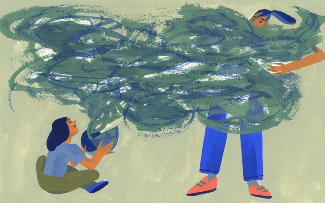 An illustration of a child opening a globe with smoke coming out, while an adult gathers it in her arms