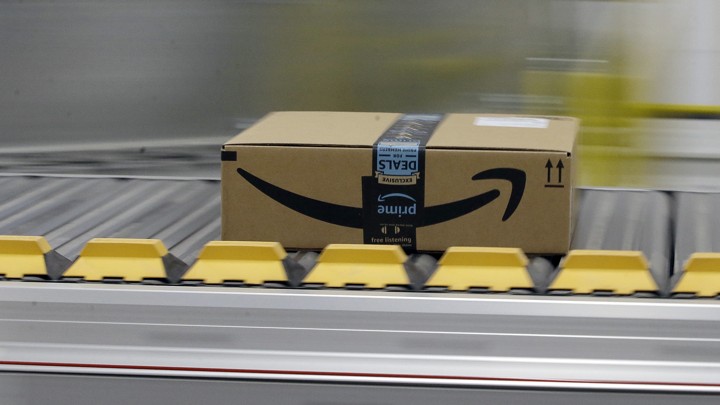 An Amazon Prime package on a conveyor belt