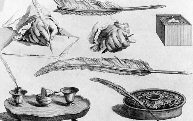 An illustration of multiple 18th-century writing instruments, including quills and inkpots