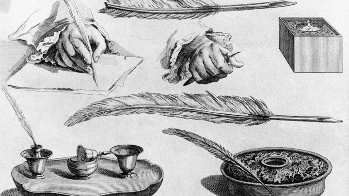 An illustration of multiple 18th-century writing instruments, including quills and inkpots