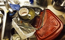 A pile of dirty dishes in a sink