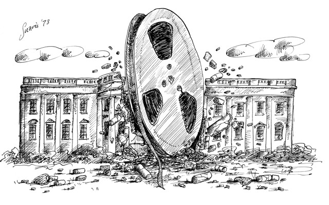 A 1973 political cartoon by Jean-Claude Suares depicts a huge reel of audio tape crashing into the White House.