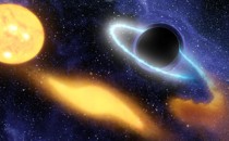 An illustration of a supermassive black hole digesting the remnants of a star