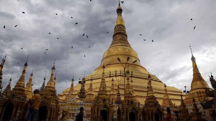 The Shwedagon Pagoda in Yangon, Burma, on a cloudy day