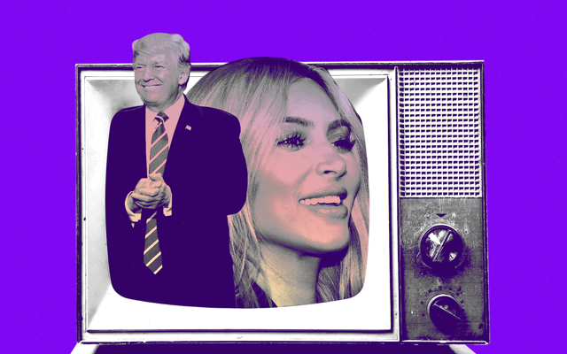 Cutouts of Donald Trump and Kim Kardashian inside a TV screen