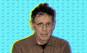 A photo illustration of Philip Glass