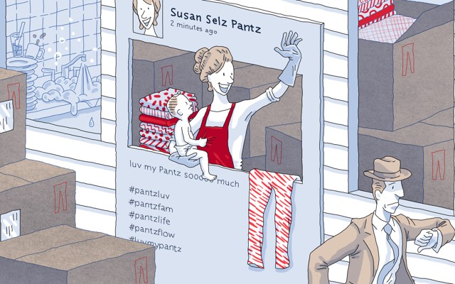 Illustration of a woman selling yoga pants from an Instagram window