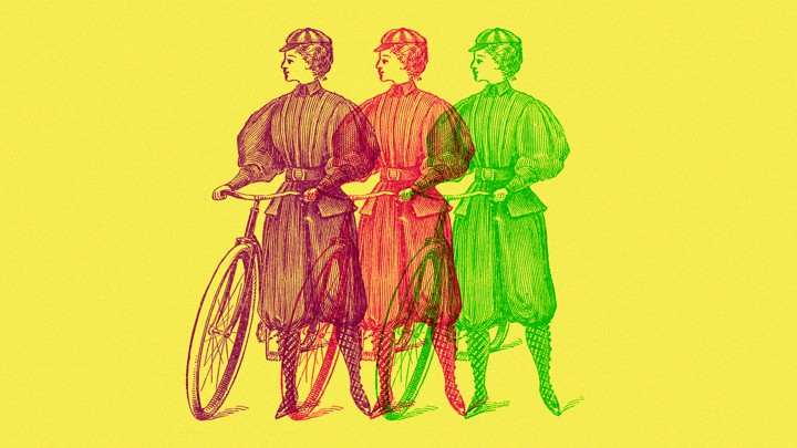 Three line sketches of women wearing bloomers-style outfits and standing next to bicycles
