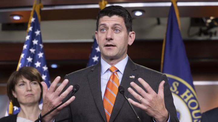 House Speaker Paul Ryan addresses reporters at a press conference.