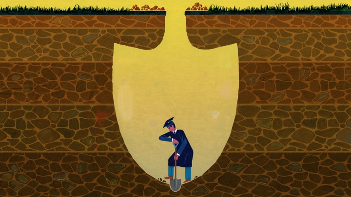An illustration of a student wearing a gap and gown digging underground