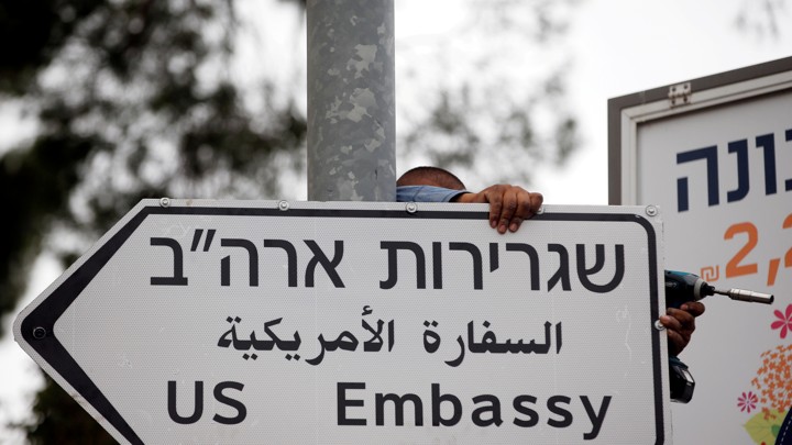 A road sign to the U.S. embassy posted in Jerusalem