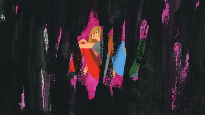 An illustration of sitting women obscured by brushstrokes