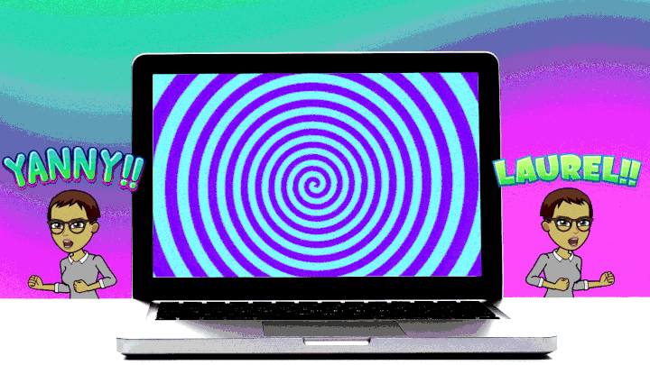 A laptop with a hypnotic moving swirl, with a Bitmoji on either side—one yelling "Yanny" and one yelling "Laurel"