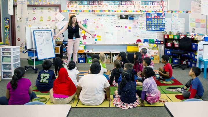 A classroom in bright, blue-rich light.