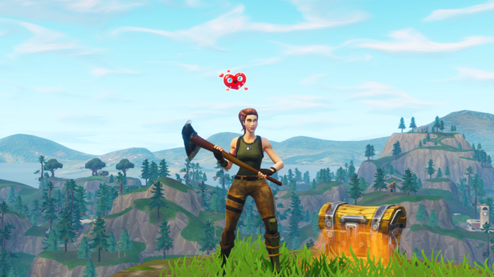 an animated woman with a heart floating over her head stands next to a treasure chest fortnite battle royale - chicken emote fortnite rare