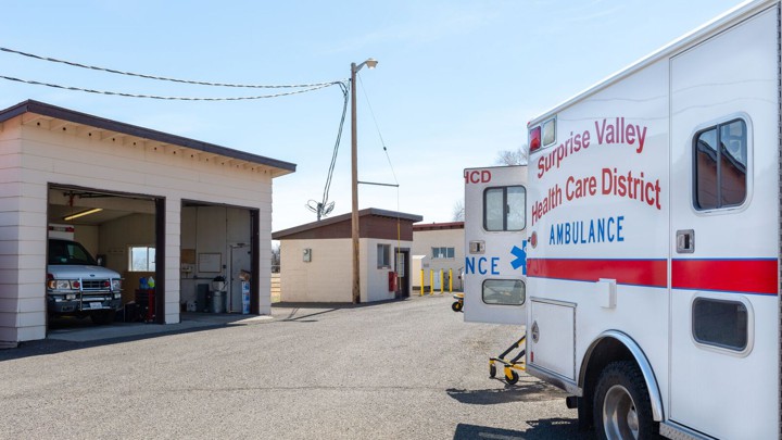 An ambulance labeled "Surprise Valley Health-Care District Ambulance"