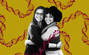 A photo illustration of two young women embracing against a background of DNA strands