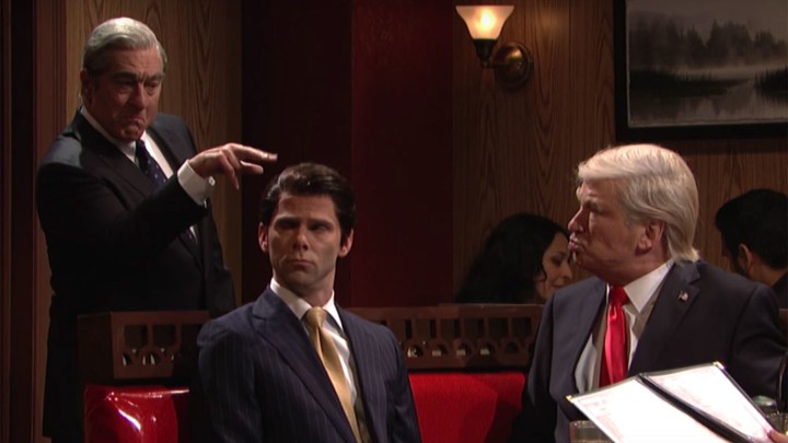 Robert De Niro as Robert Muller, Mikey Day as Donald Trump Jr., and Alec Baldwin as Donald Trump in 'Saturday Night Live'