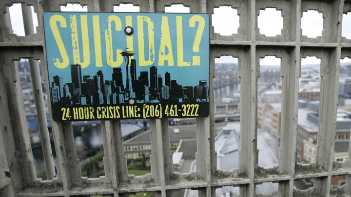A sign advising of the phone number for a suicide-prevention hotline is shown on the Aurora Bridge in Seattle.
