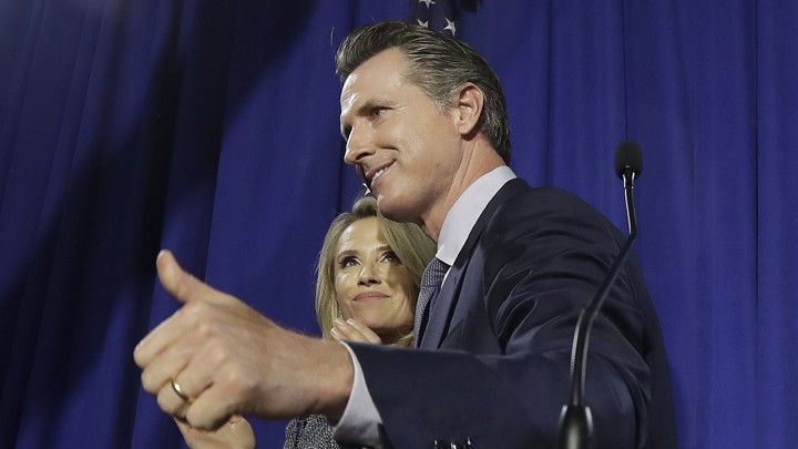 California gubernatorial candidate Gavin Newsom gives a thumbs-up.