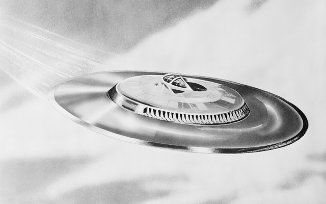 Black-and-white illustration of a flying saucer