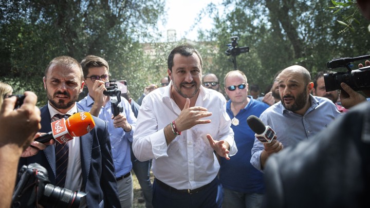 Italian Interior Minister Matteo Salvini answers questions from the media.