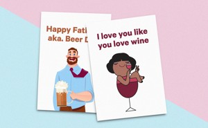 Two greeting cards: One with a woman sitting in a wine glass, which reads: 