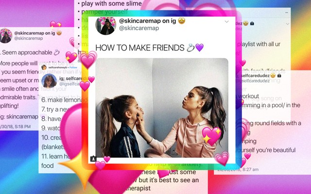Screenshots of advice on Instagram, including a post that reads "How to Make Friends"