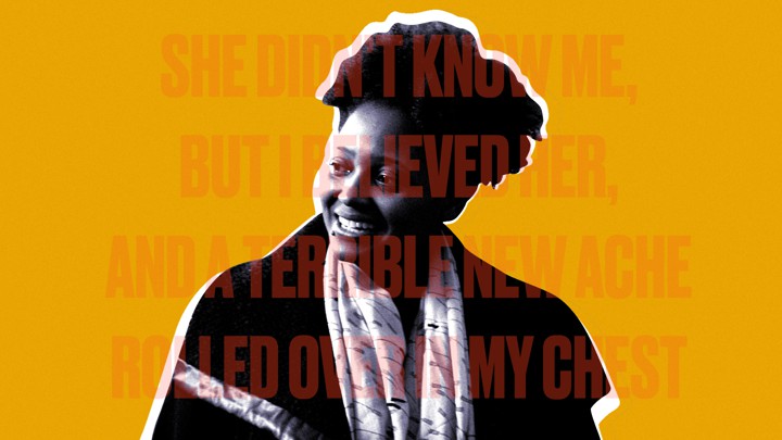 A cutout of Tracy K. Smith overlaid with text from one of her poems, 'Wade in the Water'