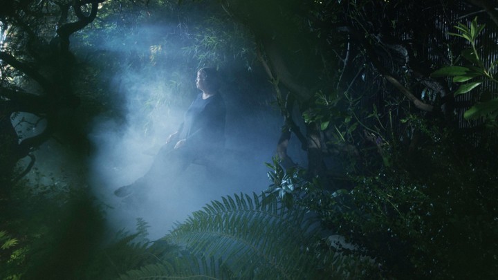 A woman sits outside in a chair surrounded by plants and trees