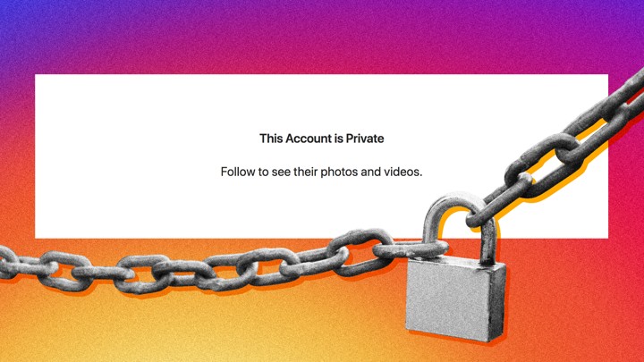 a chain with a lock drapes over a sign that says this account is private - this instagram account that has requested to follow me