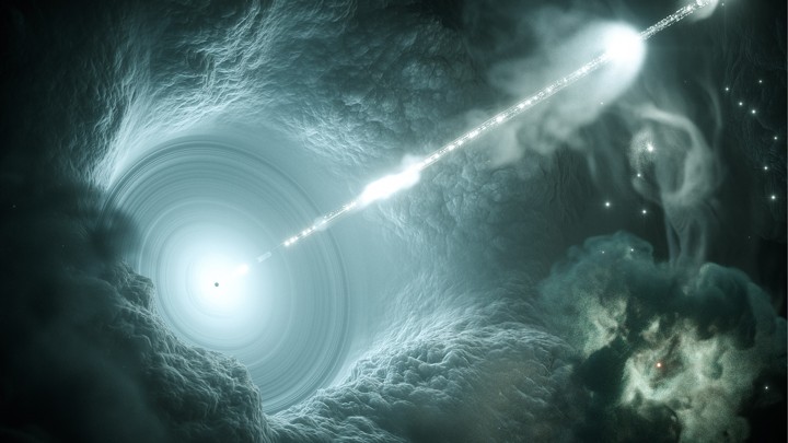An artist's impression of a supermassive black hole shooting high-energy particles, including neutrinos, into space
